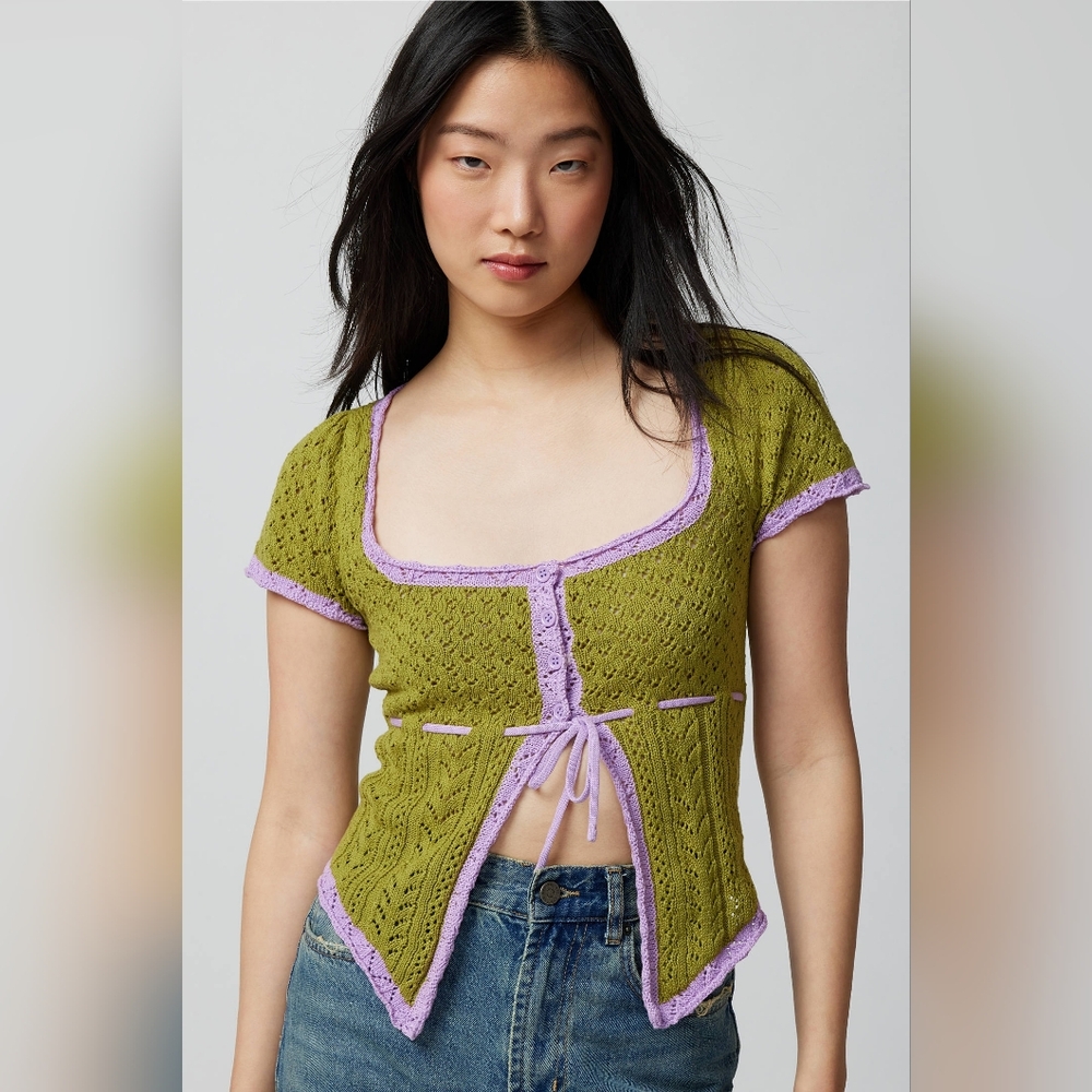 Urban Outfitters Olive Green Knit Top with Lavender Trim
